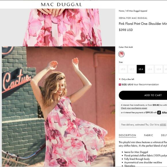 Mac Duggal Size 2 Pink White‎ Floral Print Chiffon One Shoulder Mini Party Dress - Picture 2 of 8